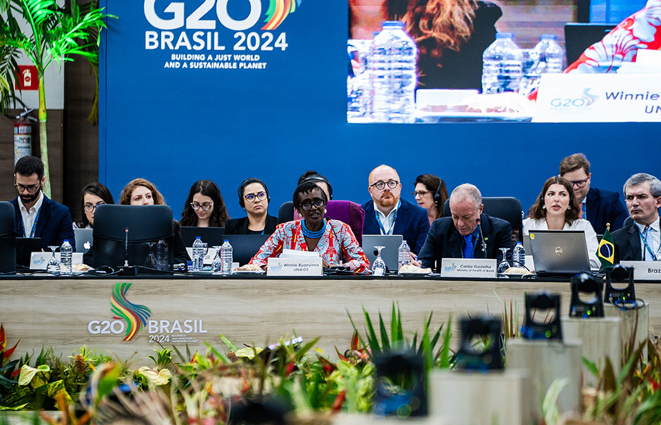 Winnie Byanyima, directrice exécutive de l'ONUSIDA et secrétaire générale adjointe des Nations unies, lors de la réunion préparatoire du G20 au Brésil