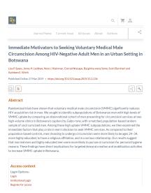 Immediate Motivators to Seeking Voluntary Medical Male Circumcision Among HIV-Negative Adult Men in an Urban Setting in Botswana - cover