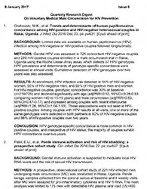 Synthèse trimestrielle de recherche sur la prévention du VIH par la VMMC, janvier 2017