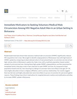 Immediate Motivators to Seeking Voluntary Medical Male Circumcision Among HIV-Negative Adult Men in an Urban Setting in Botswana - cover