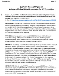 Synthèse trimestrielle de recherche sur la prévention du VIH par la VMMC, octobre 2018