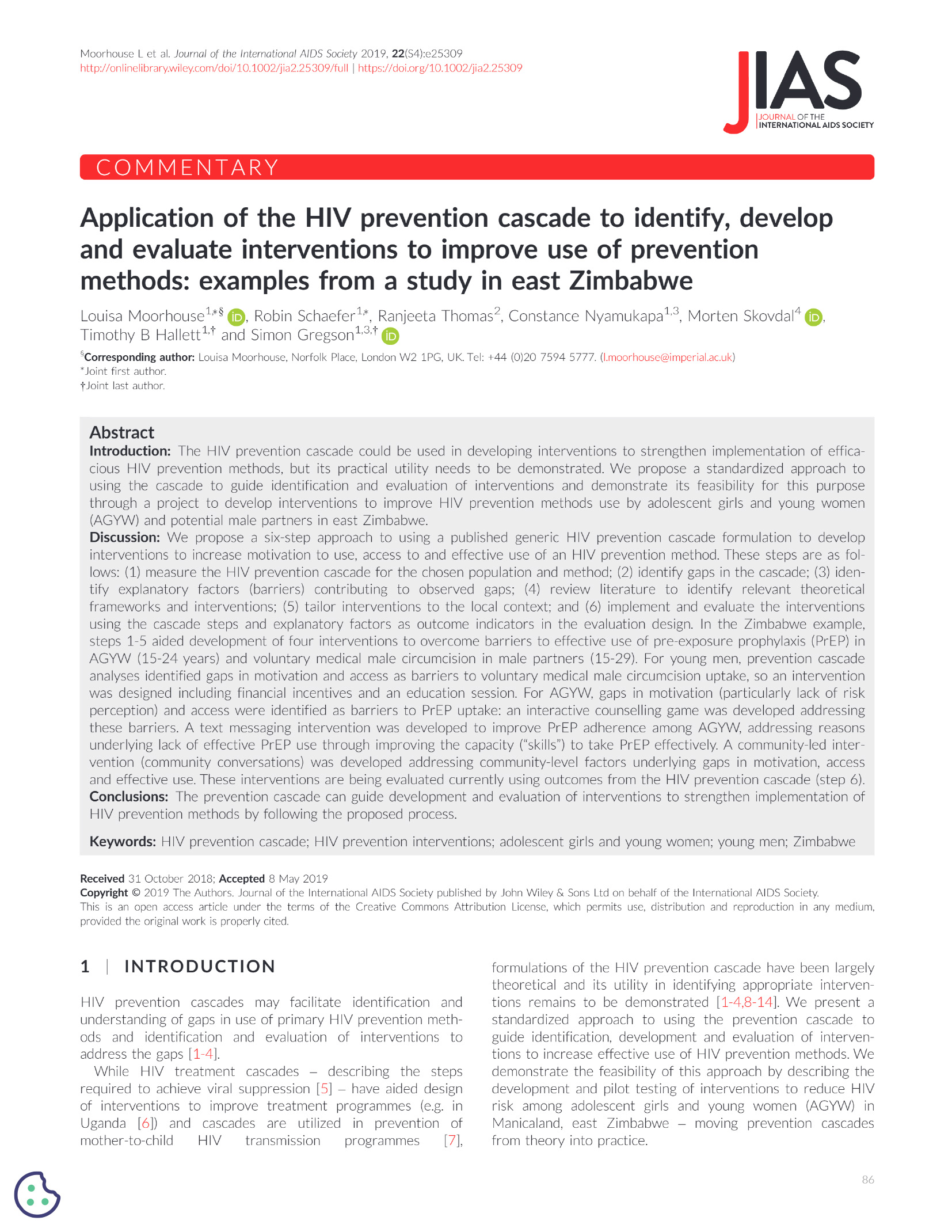 Aplicación de la cascada de prevención del VIH para identificar, desarrollar y evaluar intervenciones destinadas a mejorar el uso de los métodos de prevención: Ejemplos de un estudio en el este de Zimbabue - portada