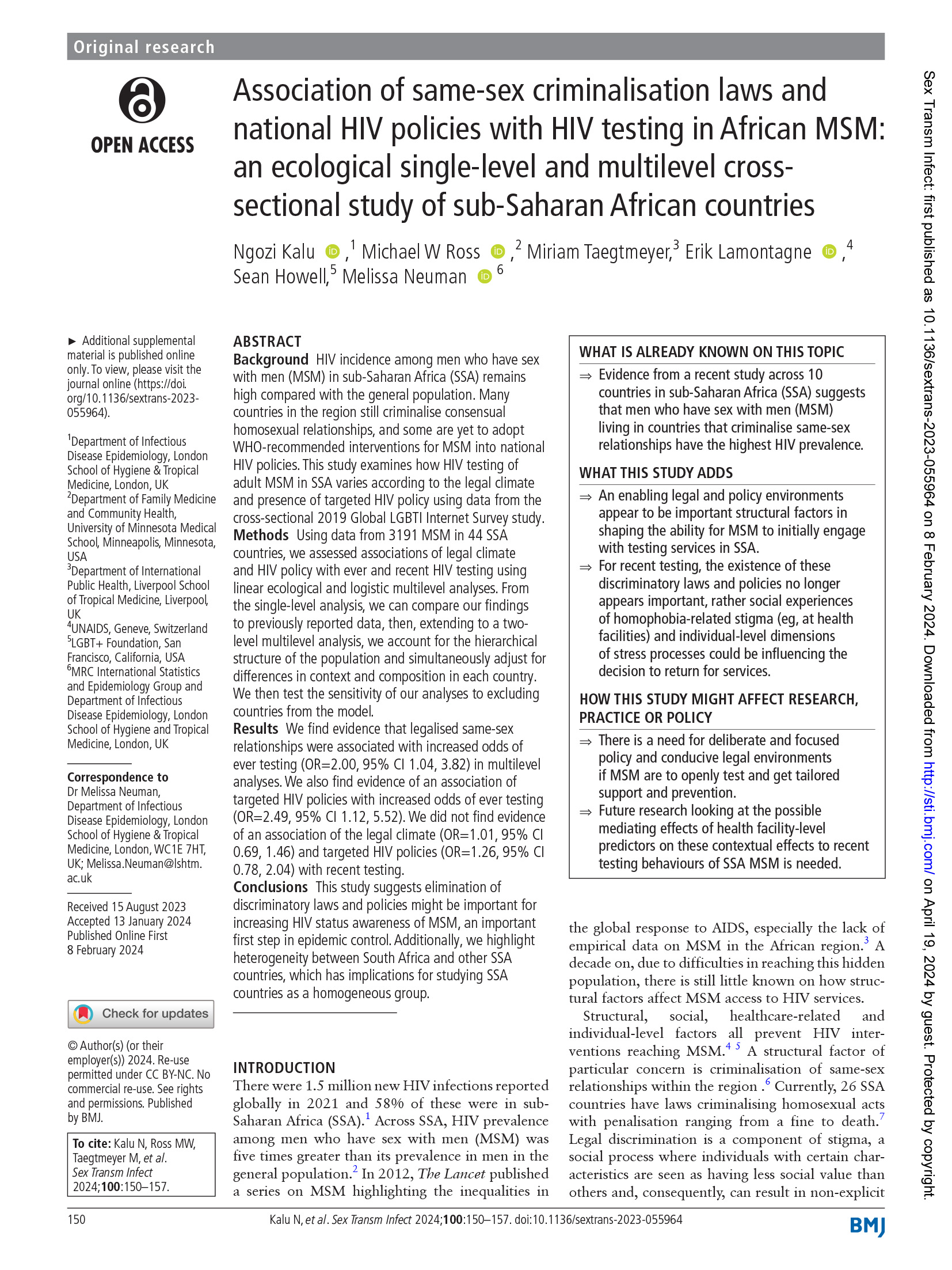 Association des lois sur la criminalisation des relations homosexuelles et des politiques nationales en matière de VIH avec le dépistage du VIH chez les HSH africains : une étude transversale écologique à un et plusieurs niveaux dans les pays d'Afrique subsaharienne - couverture