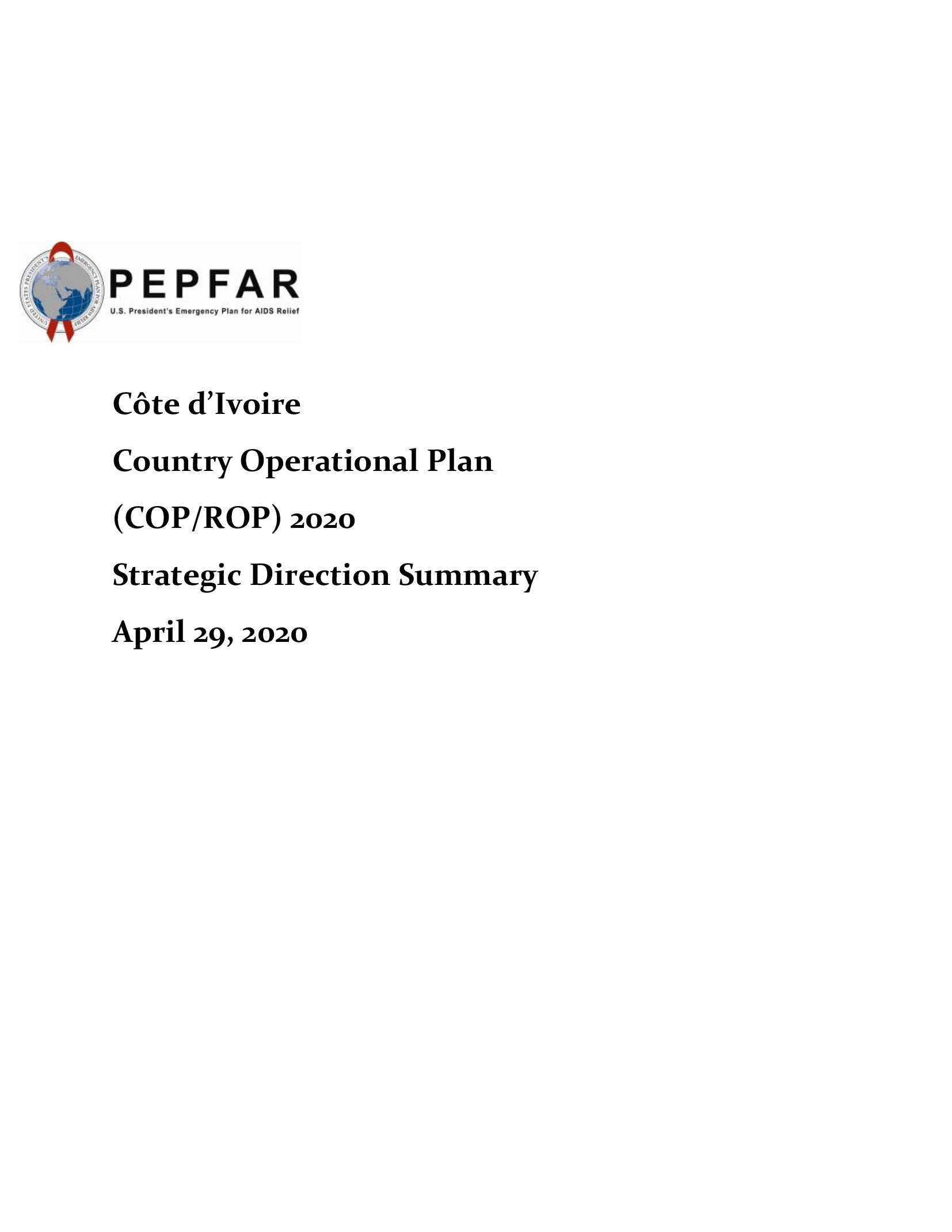 Résumé de l'orientation stratégique 2020 du plan opérationnel pays de la Côte d'Ivoire (COP/ROP) Couverture