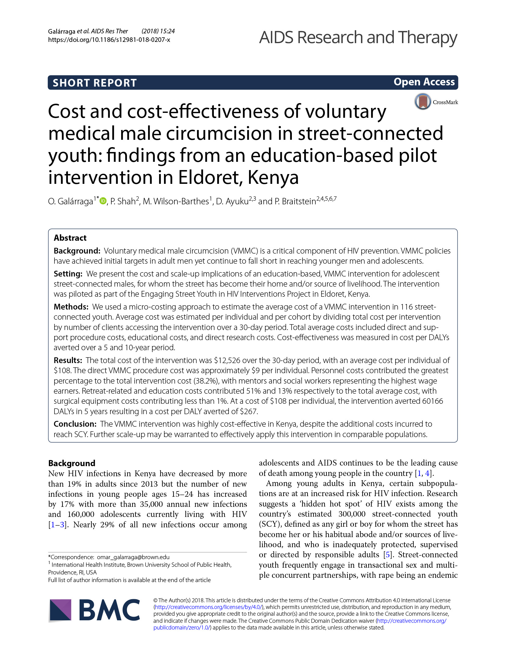Custo e custo-eficácia da circuncisão médica masculina voluntária em jovens ligados à rua - Conclusões de uma intervenção-piloto baseada na educação em Eldoret, Quénia - capa