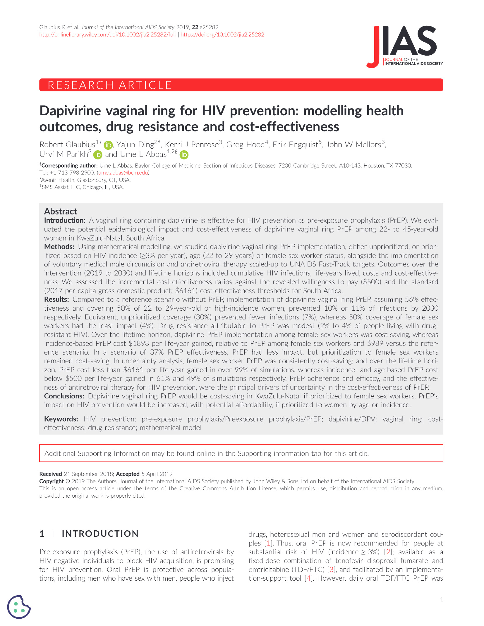 Anel vaginal de dapivirina para a prevenção do VIH: Modelação dos resultados em termos de saúde, resistência aos medicamentos e custo-eficácia - capa