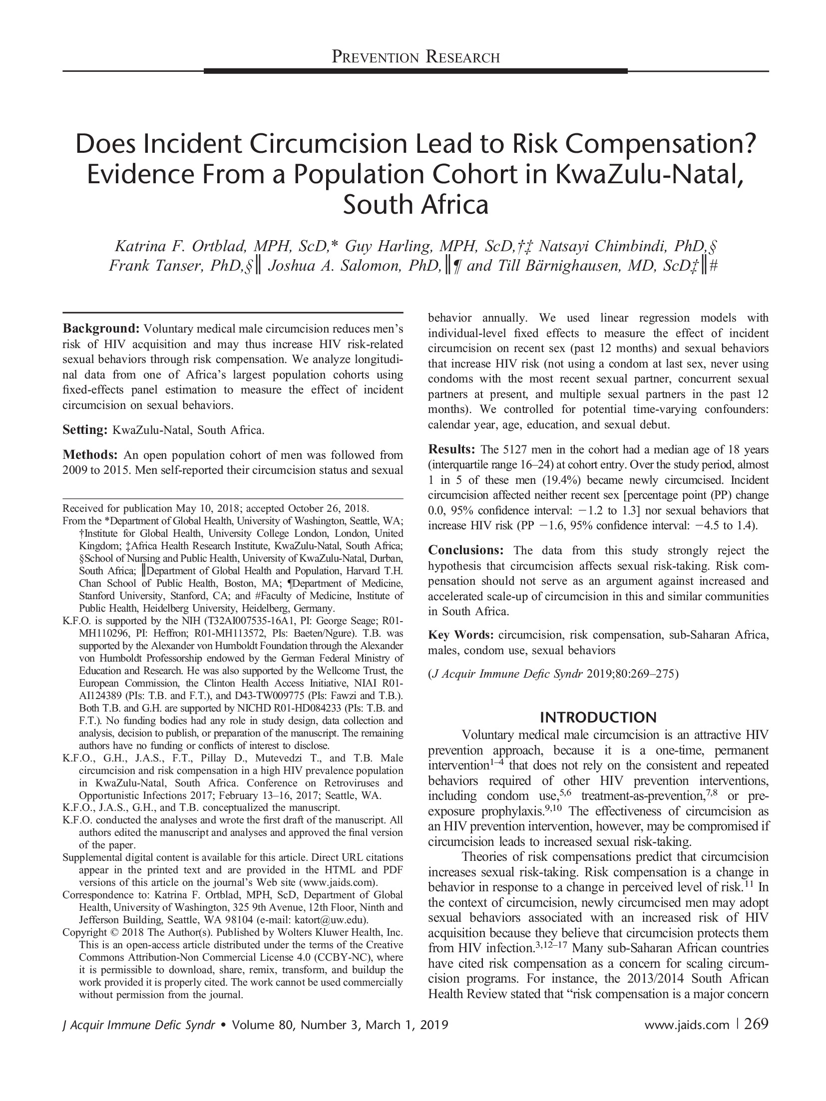 La circoncision incidente conduit-elle à une compensation des risques ? Evidence from a Population Cohort in KwaZulu-Natal, South Africa - cover