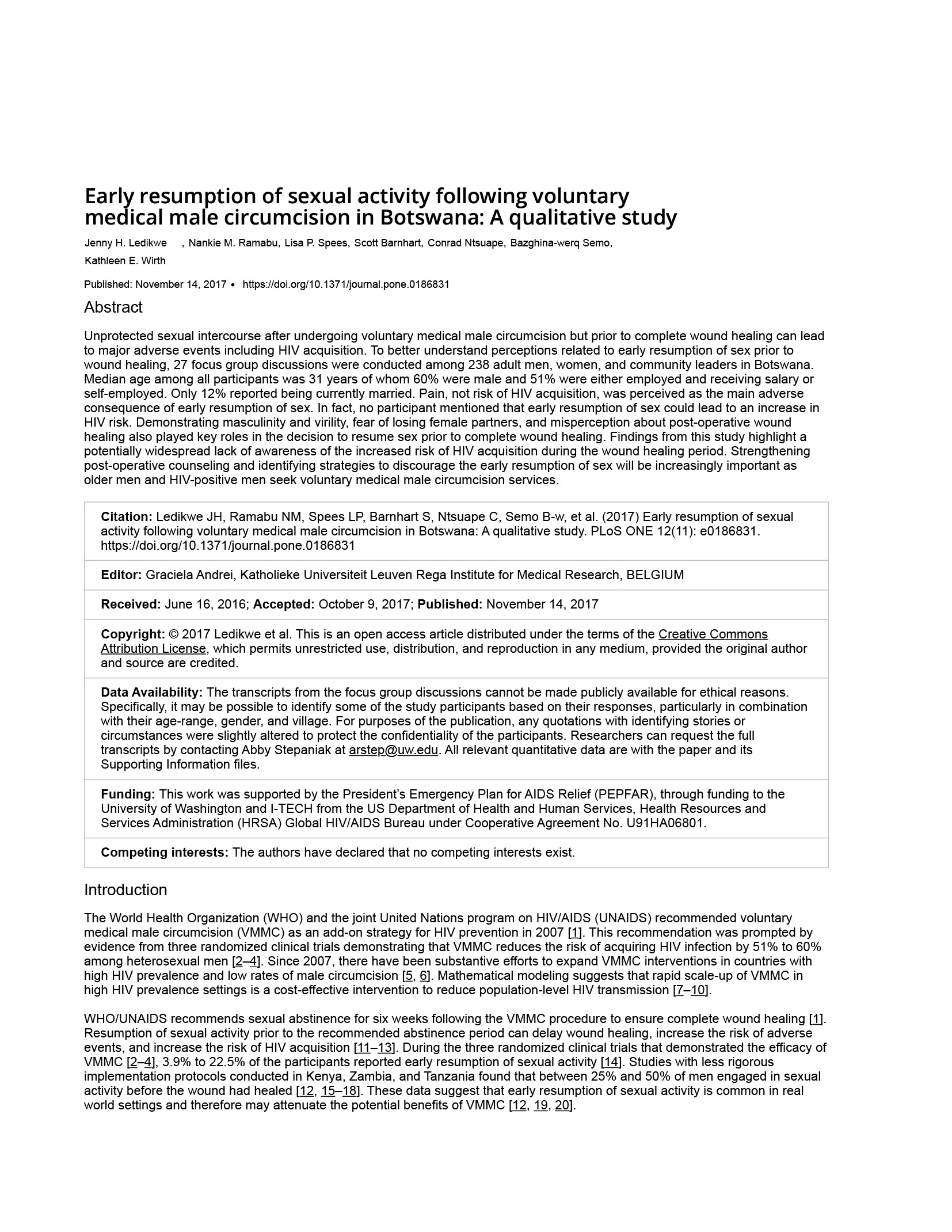 Reanudación precoz de la actividad sexual tras la circuncisión médica masculina voluntaria en Botsuana: Un estudio cualitativo - portada