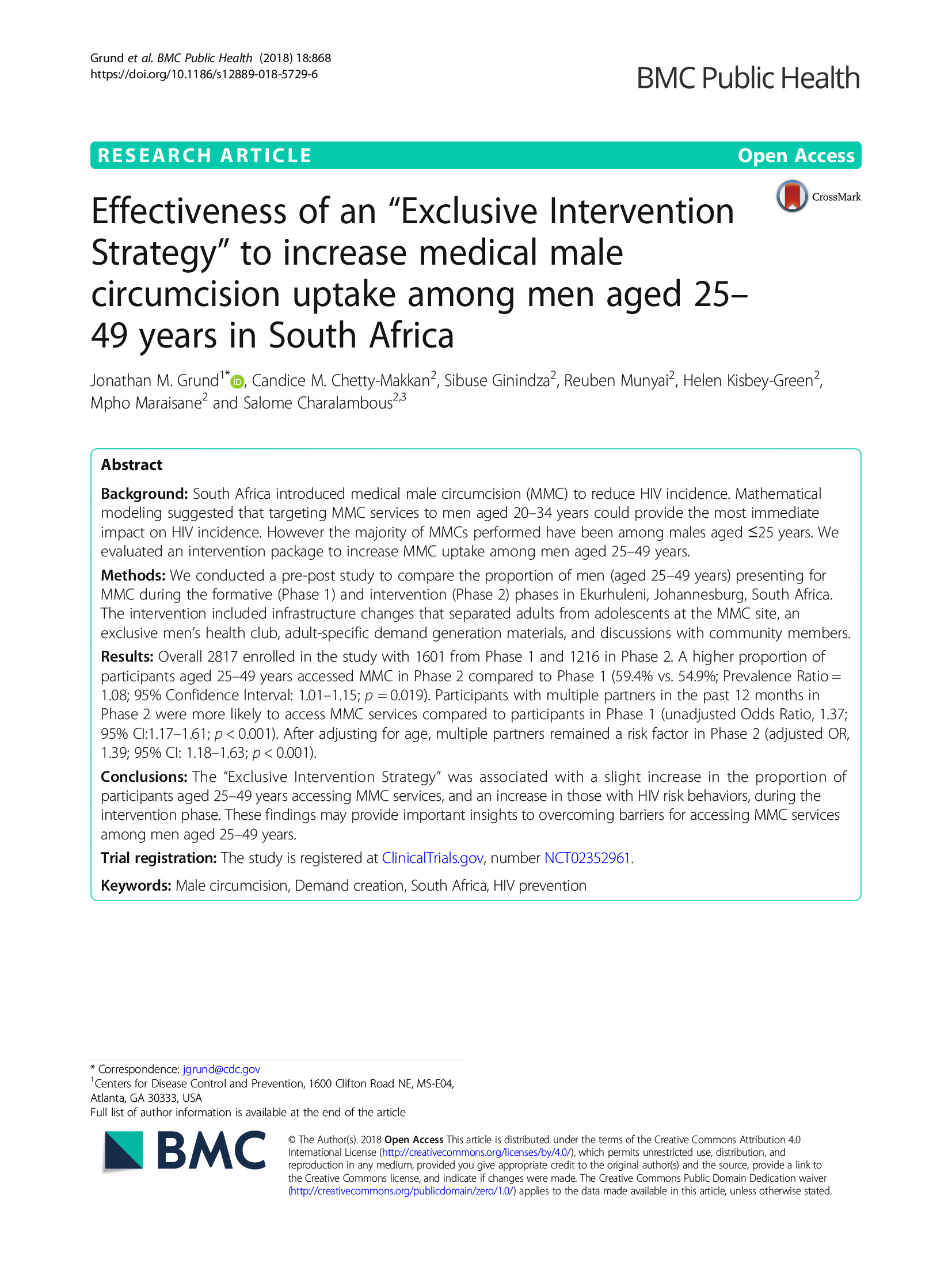 Eficacia de una "estrategia de intervención exclusiva" para aumentar la aceptación de la circuncisión masculina médica entre los hombres de 25 a 49 años en Sudáfrica - portada