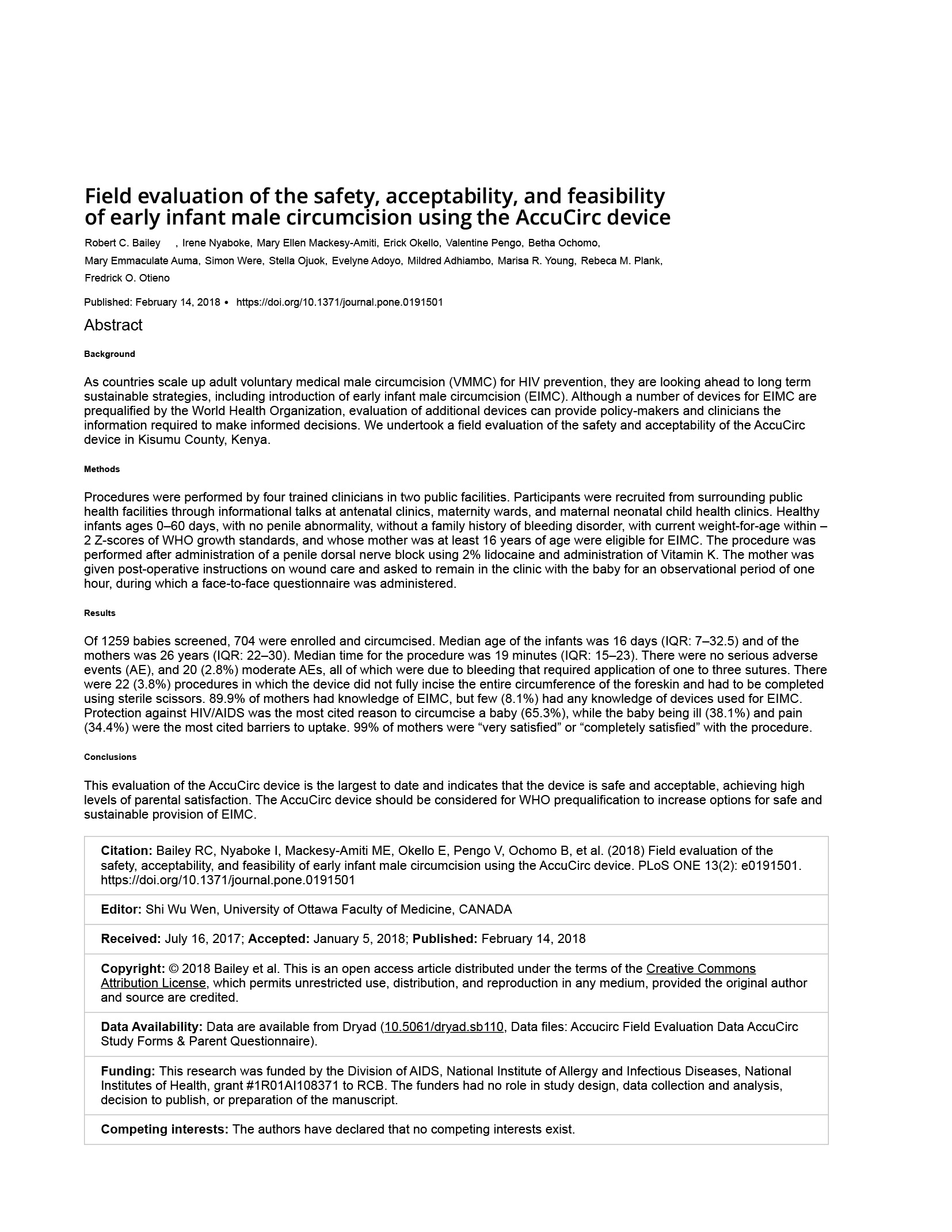 Field Evaluation of the Safety, Acceptability, and Feasibility of Early Infant Male Circumcision Using the AccuCirc Device - cover