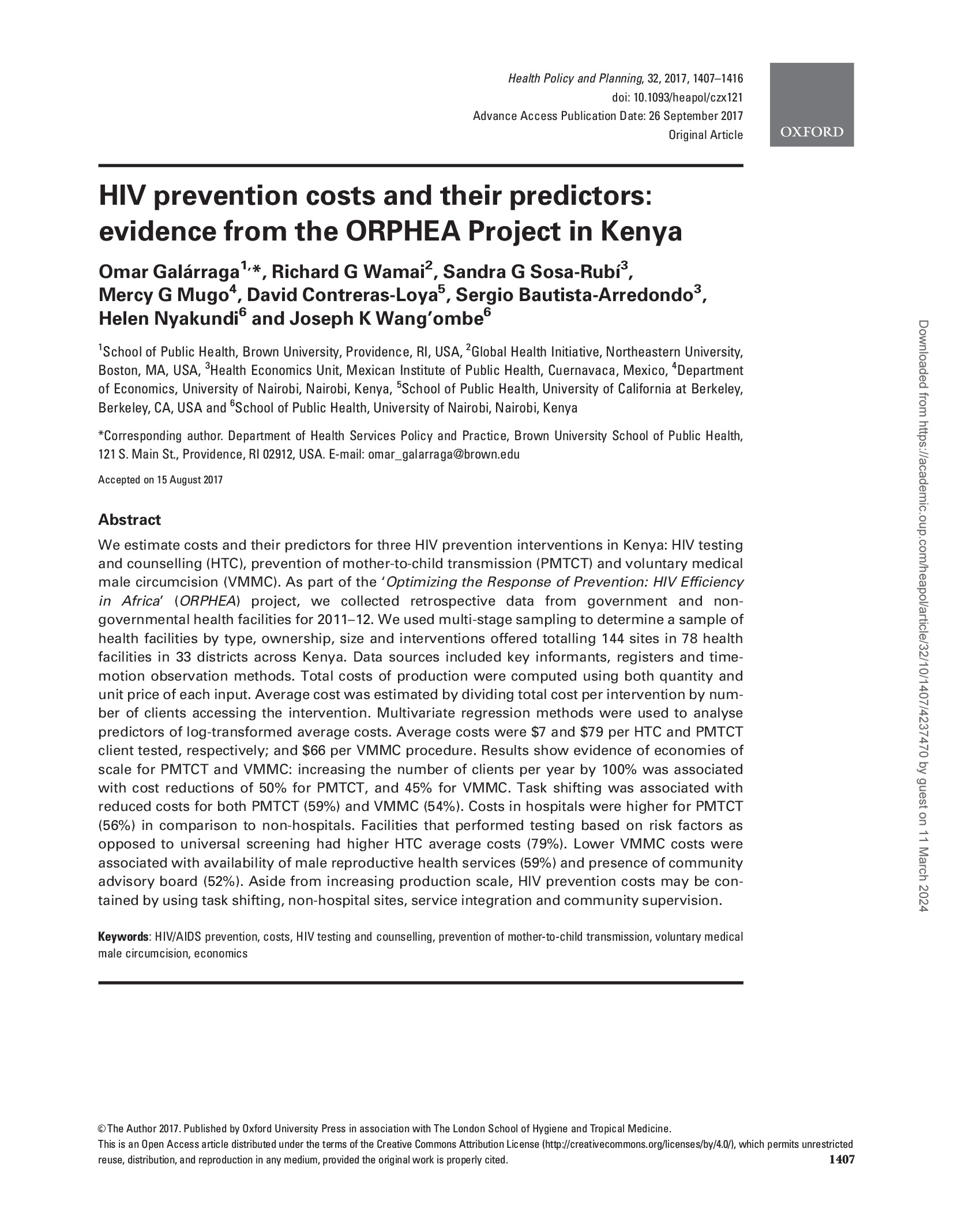 Los costes de la prevención del VIH y sus predictores: Pruebas del proyecto ORPHEA en Kenia - portada