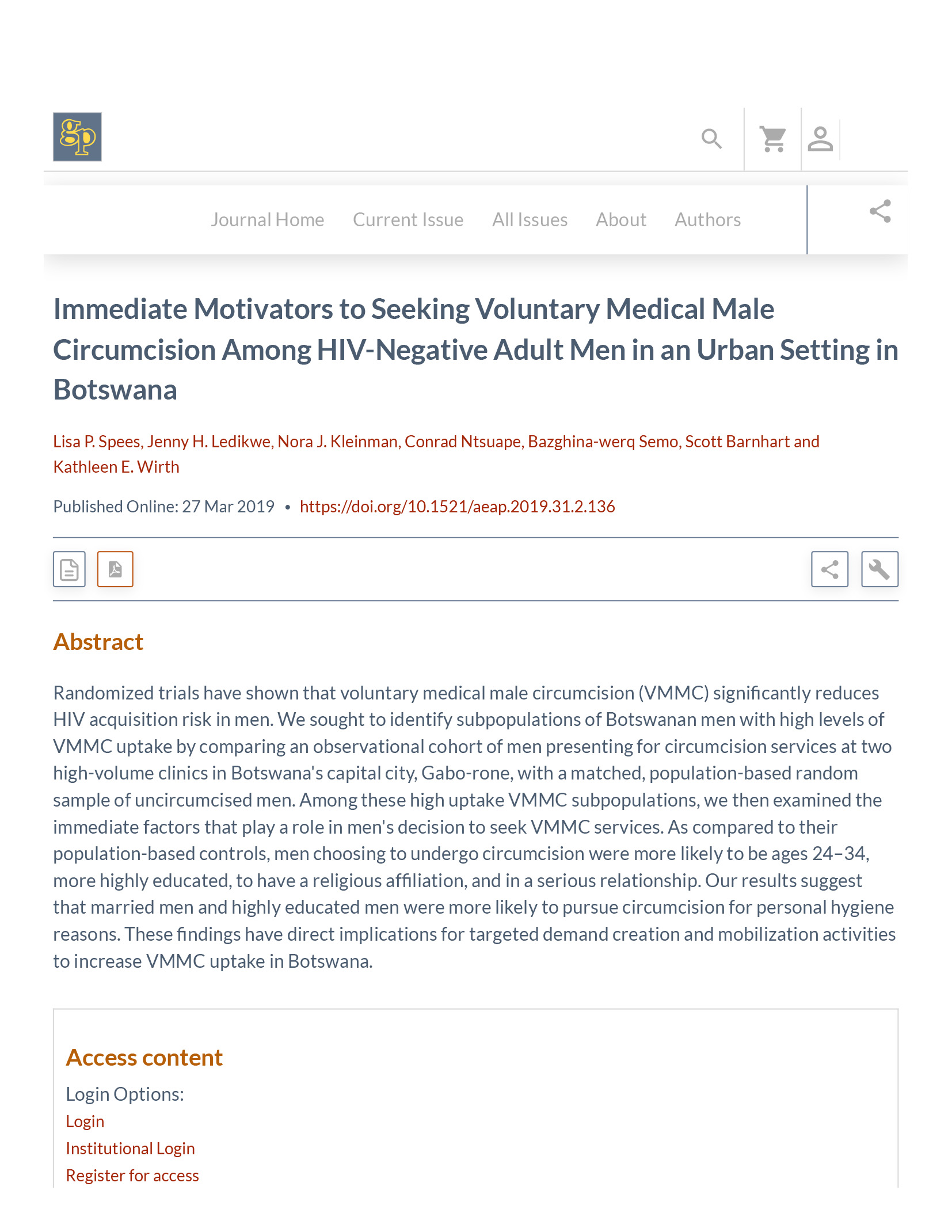 Motivadores imediatos para a procura da circuncisão médica masculina voluntária entre homens adultos seronegativos num ambiente urbano no Botsuana - capa
