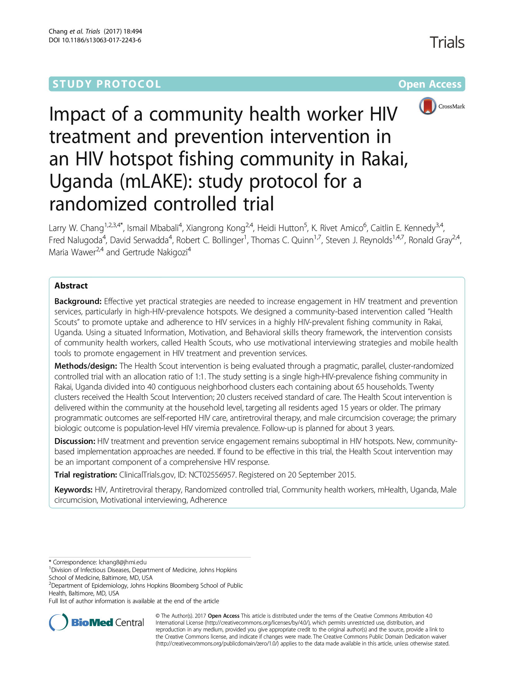 Impacto de una intervención de tratamiento y prevención del VIH por parte de un trabajador sanitario comunitario en una comunidad pesquera de Rakai, Uganda, con un alto índice de VIH (mLAKE): Protocolo de estudio para un ensayo controlado aleatorizado - portada