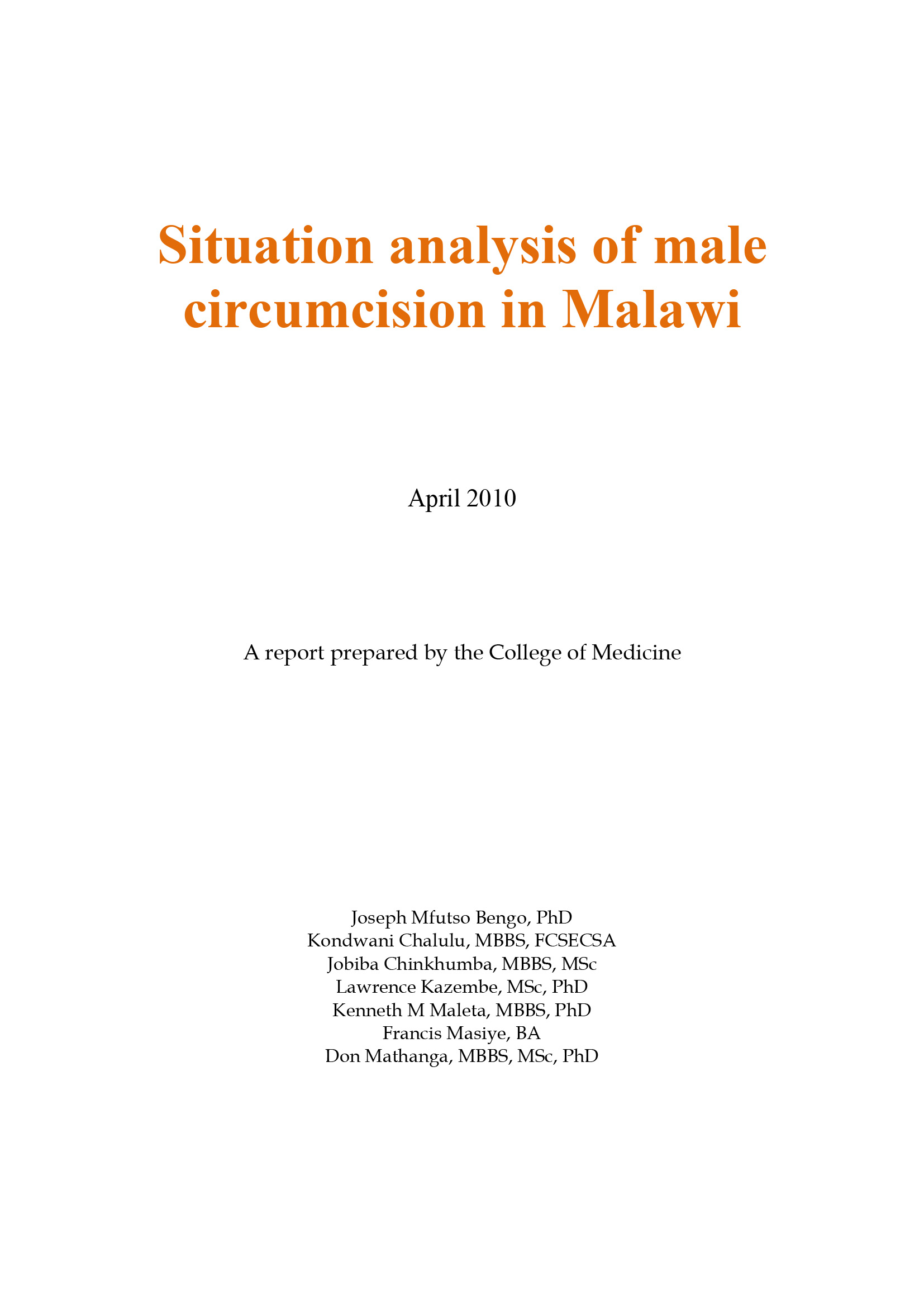 Analyse de la situation de la circoncision masculine au Malawi - couverture
