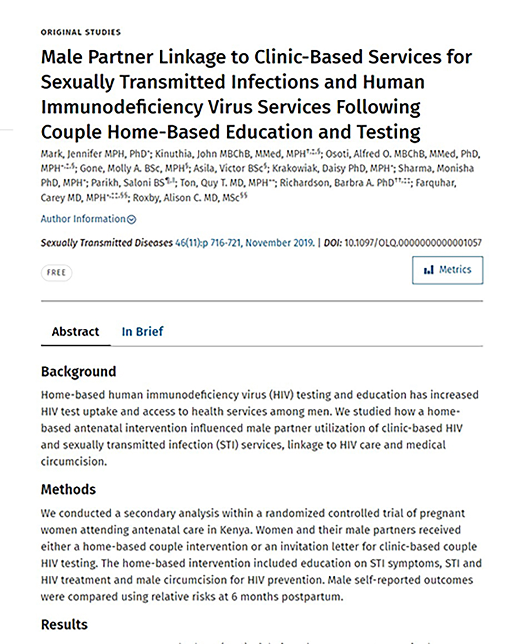 Lien entre le partenaire masculin et les services cliniques pour les infections sexuellement transmissibles et le VIH - couverture