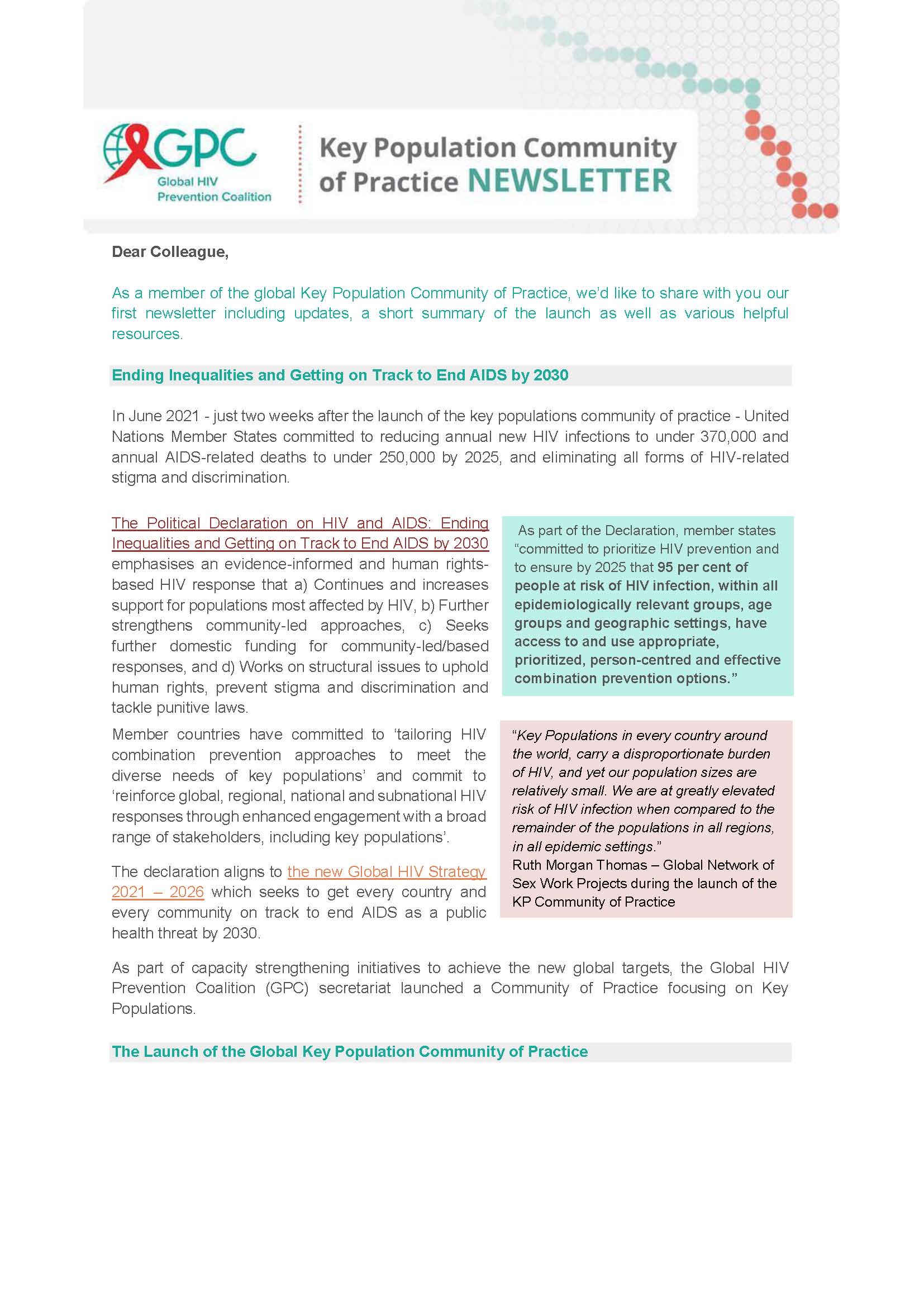 Bulletin d'information de la Communauté de pratique (CdP) GPC Key Populations
