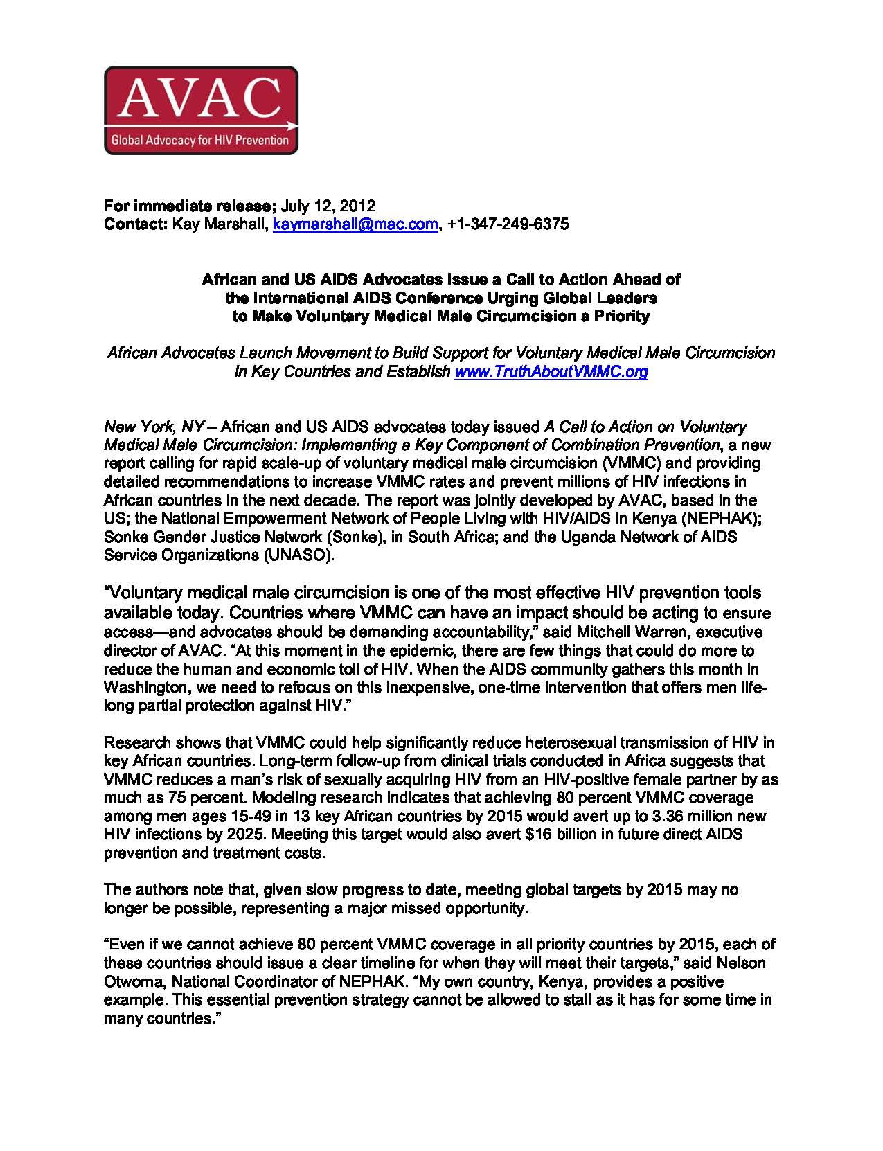 Call to Action Report Press Release