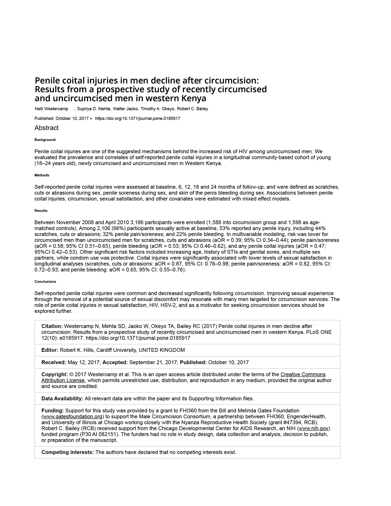 Penile Coital Injuries in Men Decline after Circumcision: Results from a Prospective Study of Recently Circumcised and Uncircumcised Men in Western Kenya - cover