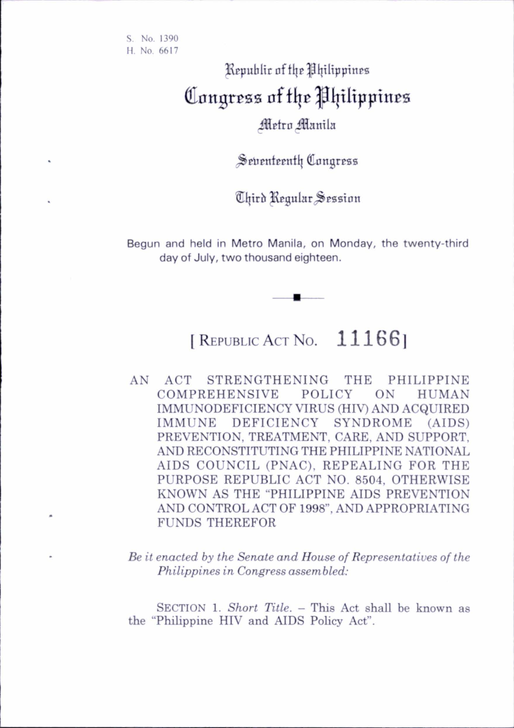 Loi de la République 11166 : Renforcement de la politique globale des Philippines en matière de VIH et de sida