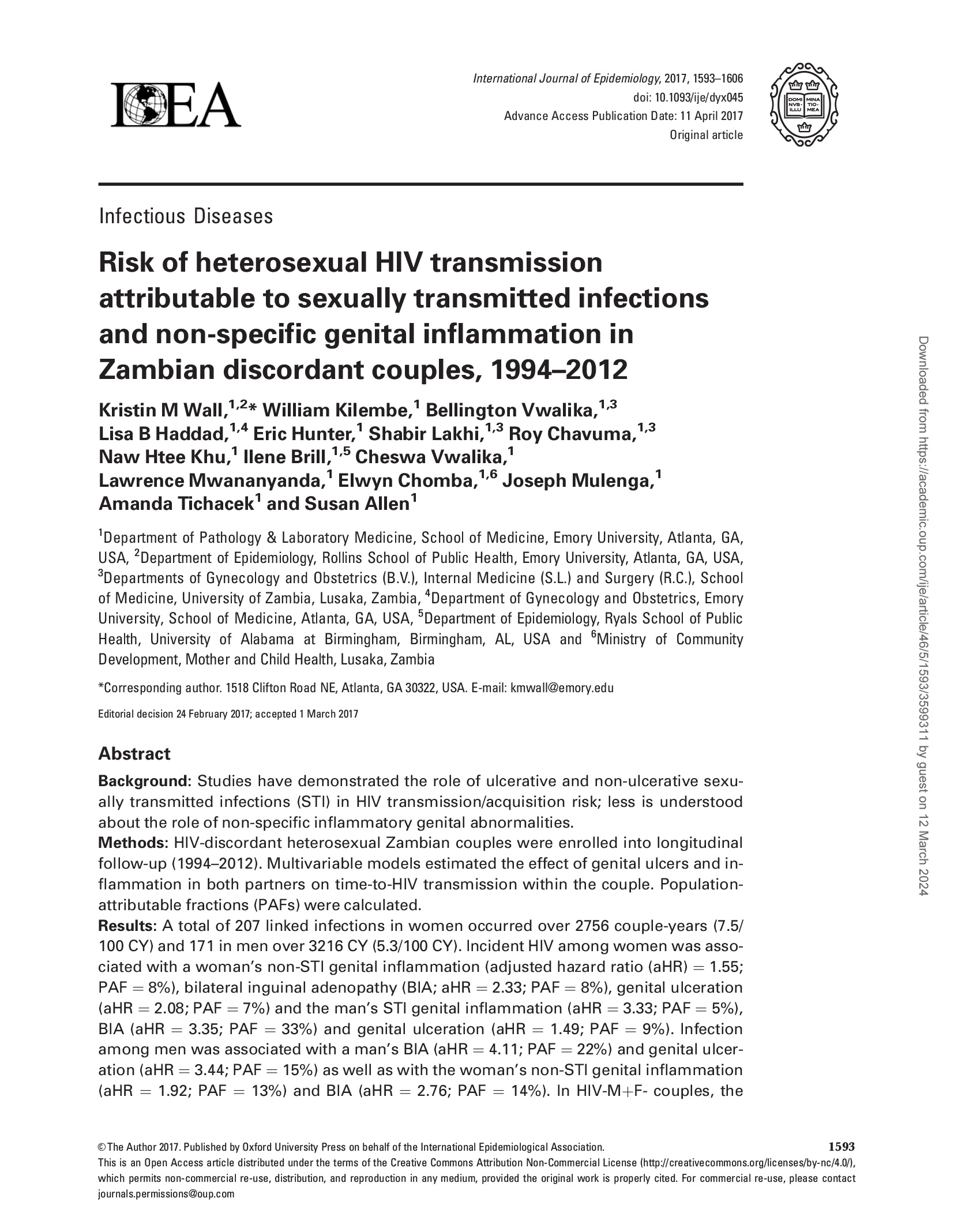 Risque de transmission hétérosexuelle du VIH attribuable aux infections sexuellement transmissibles et à l'inflammation génitale non spécifique chez les couples zambiens discordants - couverture