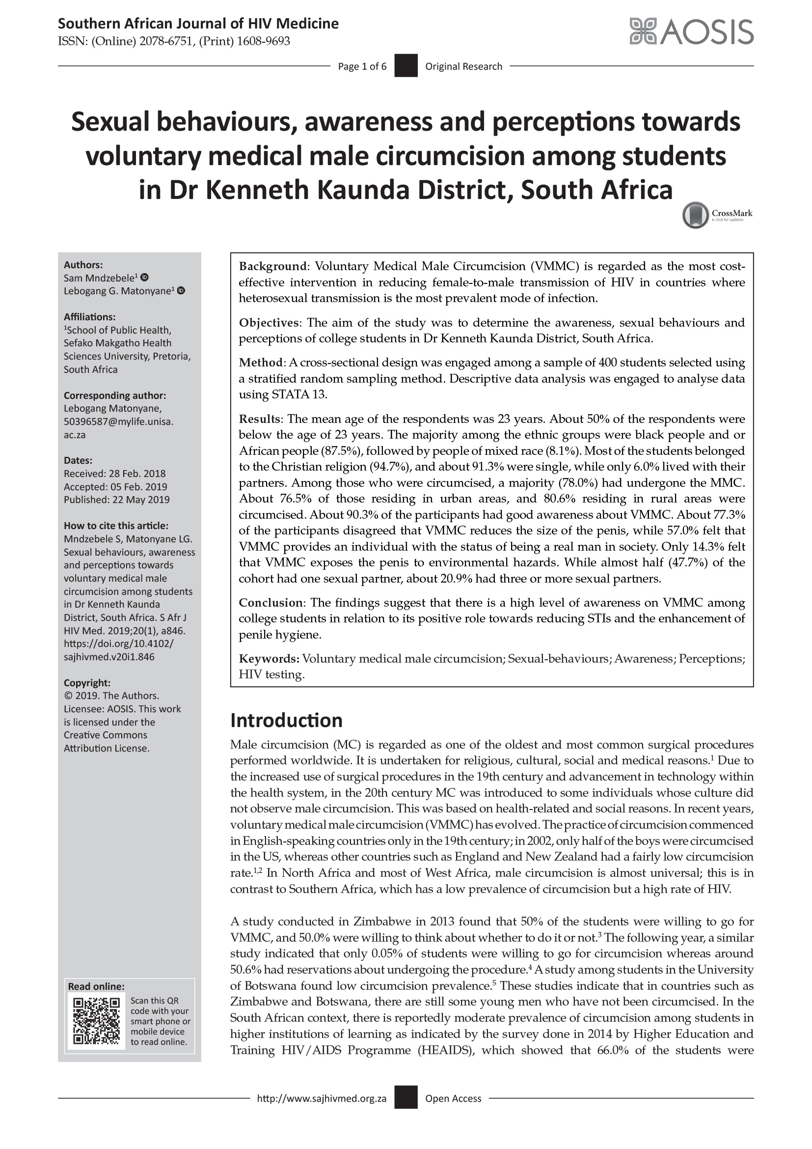Sexual Behaviours, Awareness and Perceptions Towards Voluntary Medical Male Circumcision Among Students in Dr Kenneth Kaunda District, South Africa - cover