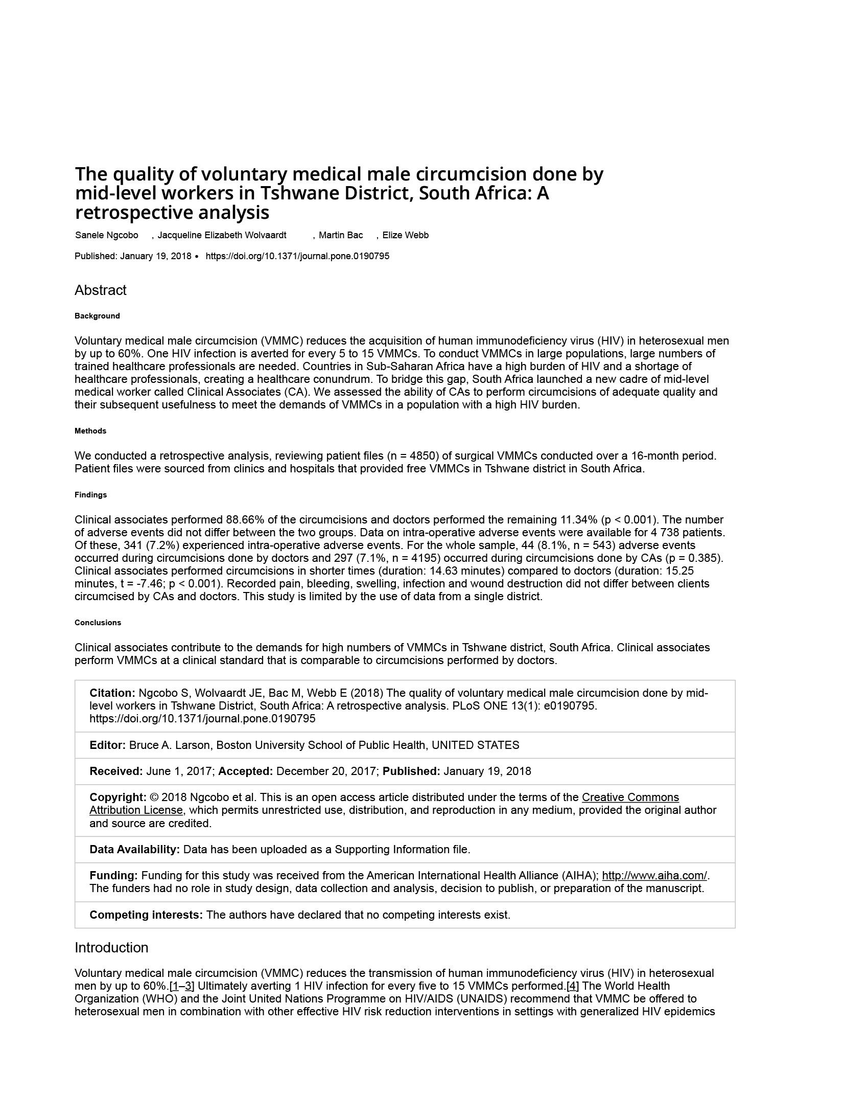 The Quality of Voluntary Medical Male Circumcision Done by Mid-Level Workers in Tshwane District, South Africa: A Retrospective Analysis - cover
