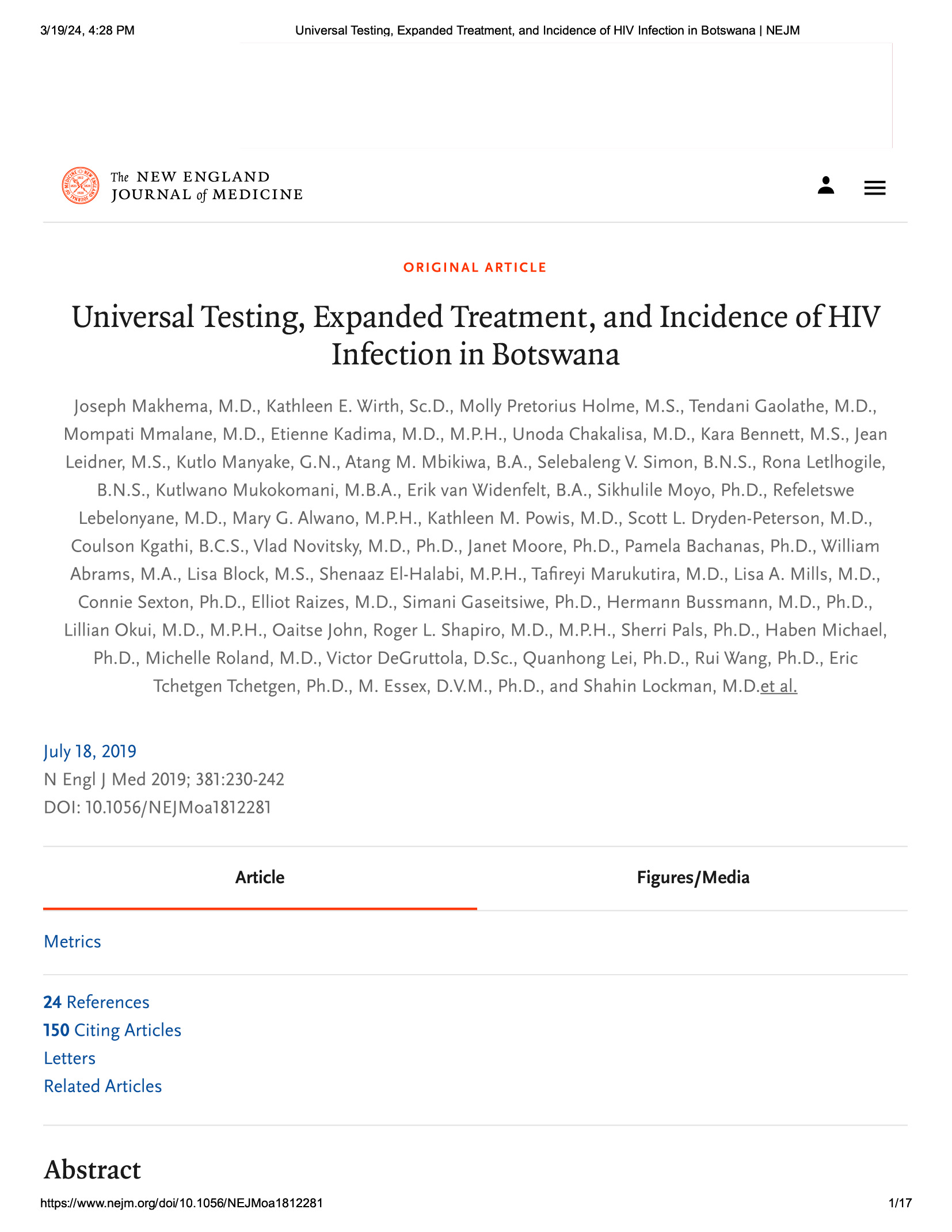 Pruebas universales, tratamiento ampliado e incidencia de la infección por el VIH en Botsuana - portada